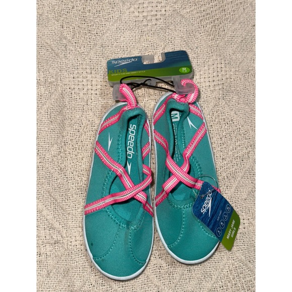 Speedo Kids Mary Jane Aqua Water Shoes Medium M Turquoise Pink Beach M-7/8 - Picture 1 of 5